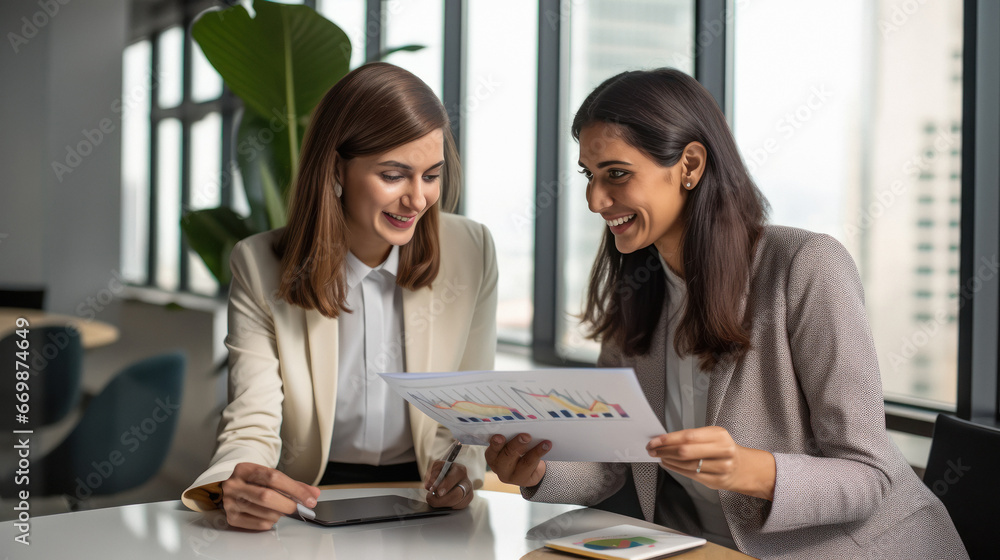 Two corporate woman discussing at office