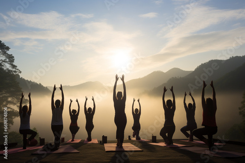 Healthy lifestyle, states of mind concept. Men and women doing yoga or meditation in mountains during sunny and warm summer sunset or sunrise. Dark human silhouettes in foggy mountains background #669874804