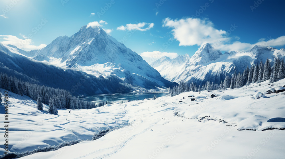 Fototapeta premium Trees on snow-capped mountain with blue sky in background