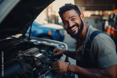 Young male car mechanic working at garage © Niks Ads