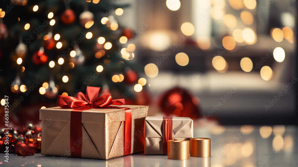 Beautiful Christmas gift boxes on floor near fir tree in room Beautiful Christmas gift boxes on floor near fir tree in room
