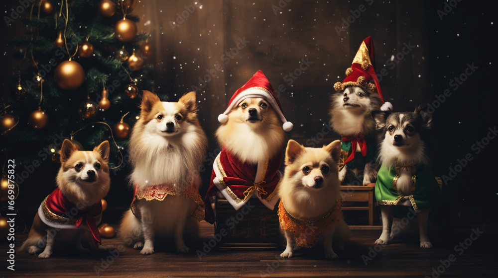 Merry Christmas and Happy New Year! Cheerful dog is sitting in Santa Claus hat. Golden retriever is waiting for the holiday at home. Merry Christmas and Happy New Year! Cheerful dog is sitting in Santa Claus hat. Golden retriever is waiting for the holiday at home.