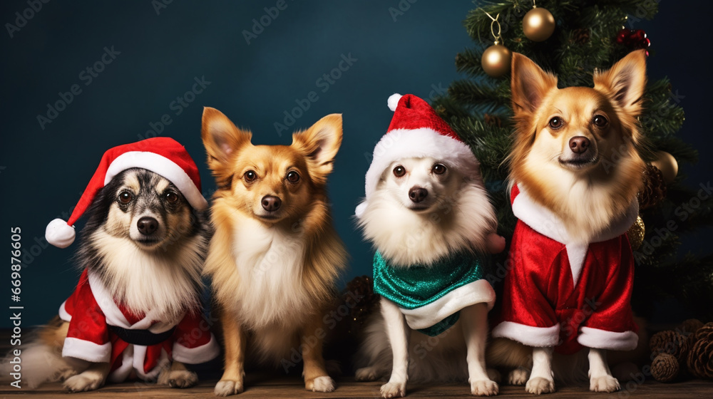 Merry Christmas and Happy New Year! Cheerful dog is sitting in Santa Claus hat. Golden retriever is waiting for the holiday at home.