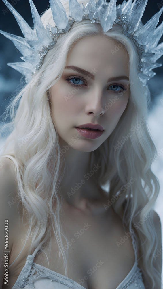 Snow queen. Beautiful Snow queen in winter forest. Snow fairy tale.Generated with ai
