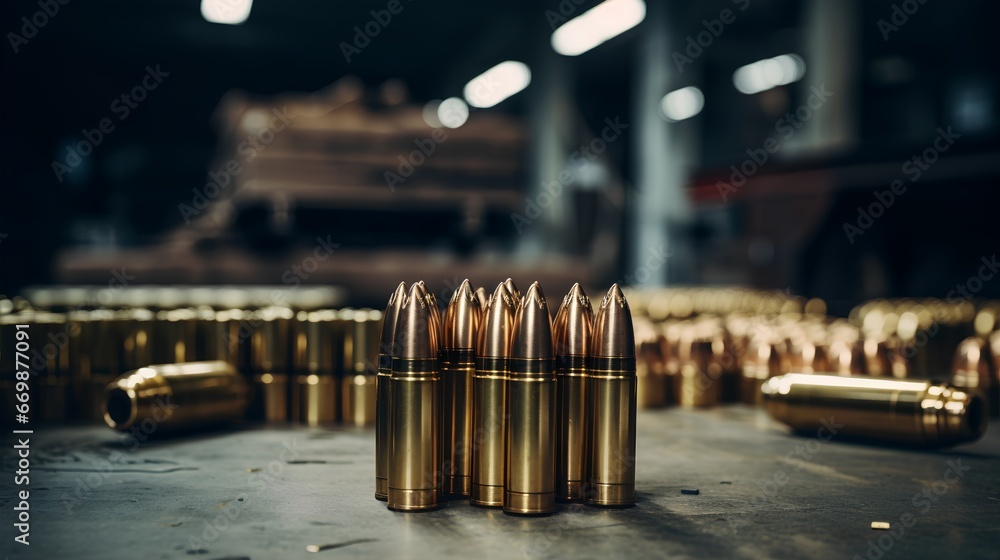 Bullet shells of different sizes for military ammunition production and storage. The brass bullet shells for ammo manufacturing. Military weaponry and ammunition. Factory line with weapon cartridges. - obrazy, fototapety, plakaty 