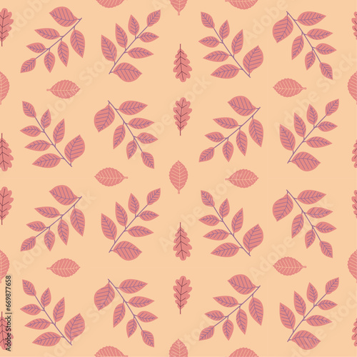 Seamless pattern with autumn pink leaves on a light orange background, hand drawn vector illustration.