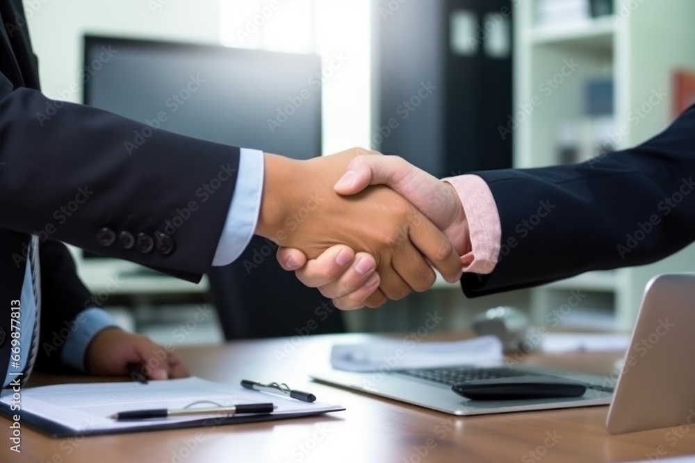 Shaking hands. Deal. Shadow business and secret government agreements. Photo of two influential men shaking hands in a blurred office background.