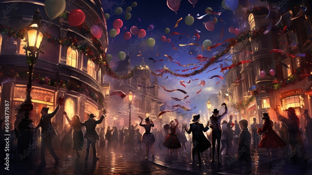 A bustling street corner on New Year's Eve, with revelers dancing to the rhythm of unseen music.
