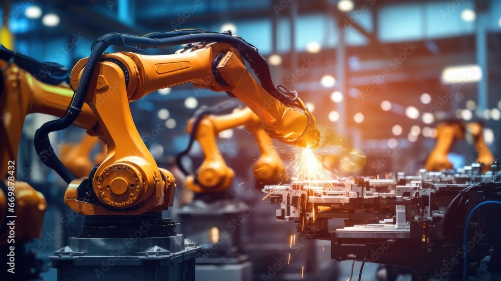 Robotics automatic arms machine working in factory automotive industrial. digital manufacturing operation. Robotics automatic arms machine working in factory automotive industrial. digital manufacturing operation.
