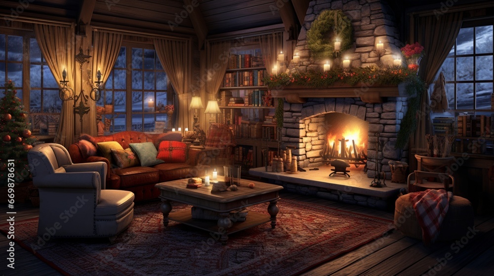A cozy living room setting where an family gathers around a fireplace to celebrate New Year's together.