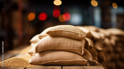 wheat spike and wheat grain in burlap bag photo