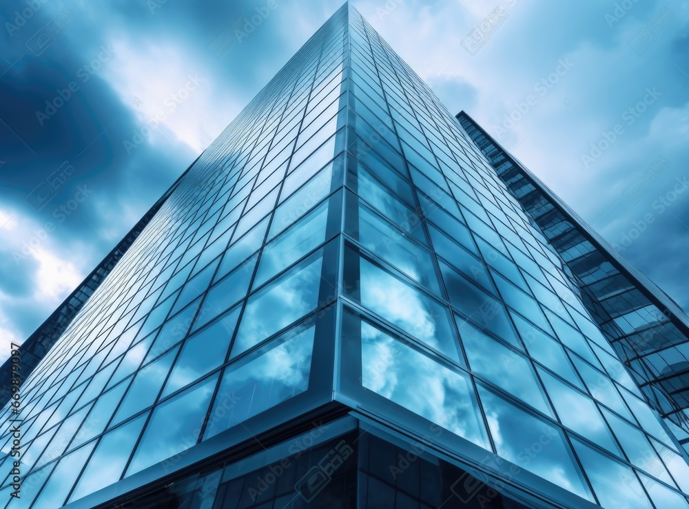 Glass skyscrapers with blue sky and clouds.