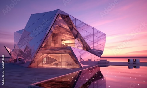 Building with reflective facade at sunset