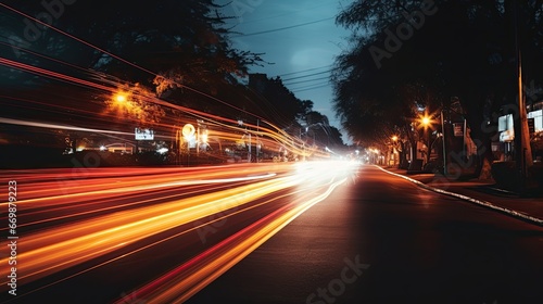 Urban Night Drive: Illuminated City Street with Blurred Motion and Light Trails