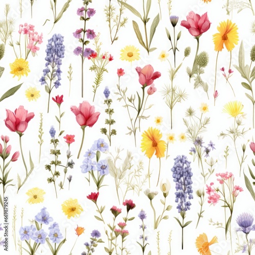 Flat lay. Summer flowers on white background. Seamless Pattern. © mihrzn