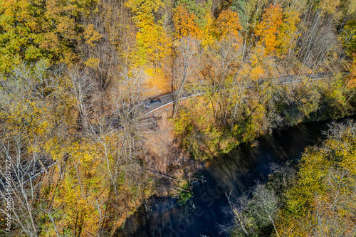 Aerial sunny autumn fall view Belmontas park, Vilnius, Lithuania