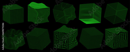 Geometry wireframe cube shapes in neon green color. 3D cubes abstract backgrounds, patterns, cyberpunk elements in trendy psychedelic rave style. 00s Y2k retro futuristic aesthetic.