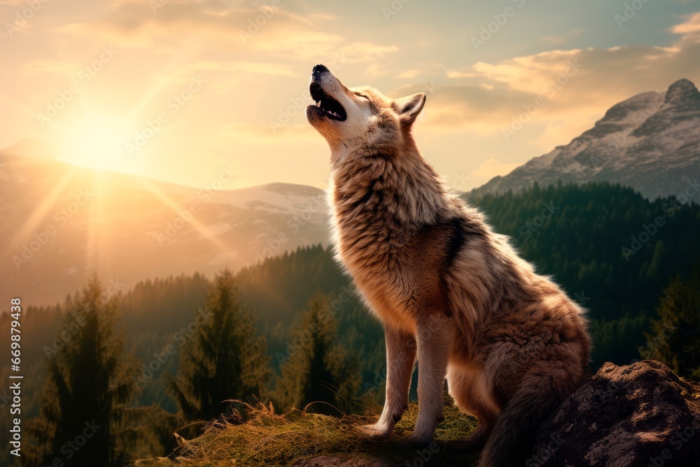 Howling Grey wolf in the snowy woods in winter . lupinopsis glabratus Howling Grey wolf in the snowy woods in winter . lupinopsis glabratus