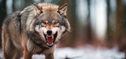 Angry Grey wolf showing teeth n the woods in winter .  lupinopsis glabratus 