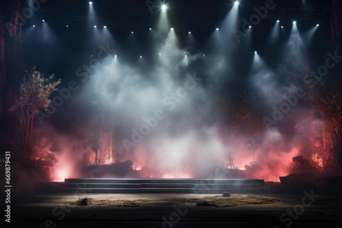Illuminated stage with scenic lights and smoke. © mihrzn