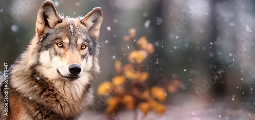 Grey wolf in the snowy woods in winter . lupinopsis glabratus 