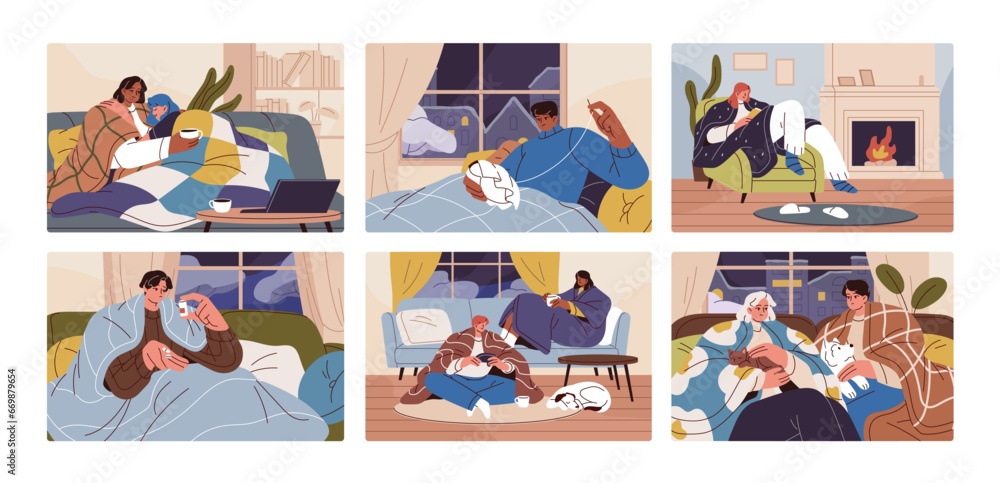 People freeze at house set. Couple hugs under blanket. Sick man lying in bed. Woman with book sitting near fireplace. Friends warm by tea. Stay home in winter, cold season. Flat vector illustration