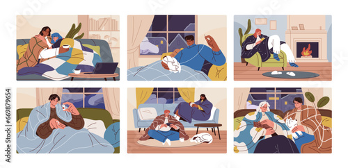 People freeze at house set. Couple hugs under blanket. Sick man lying in bed. Woman with book sitting near fireplace. Friends warm by tea. Stay home in winter, cold season. Flat vector illustration