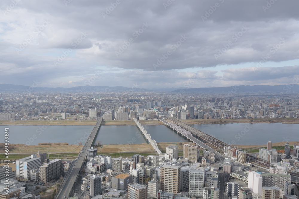 Obraz premium city skyline and bridges osaka, Japan