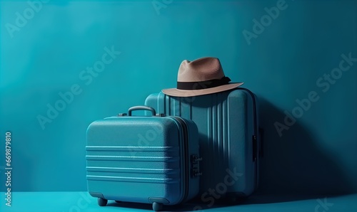 niebieskie walizki na błękitnym tle