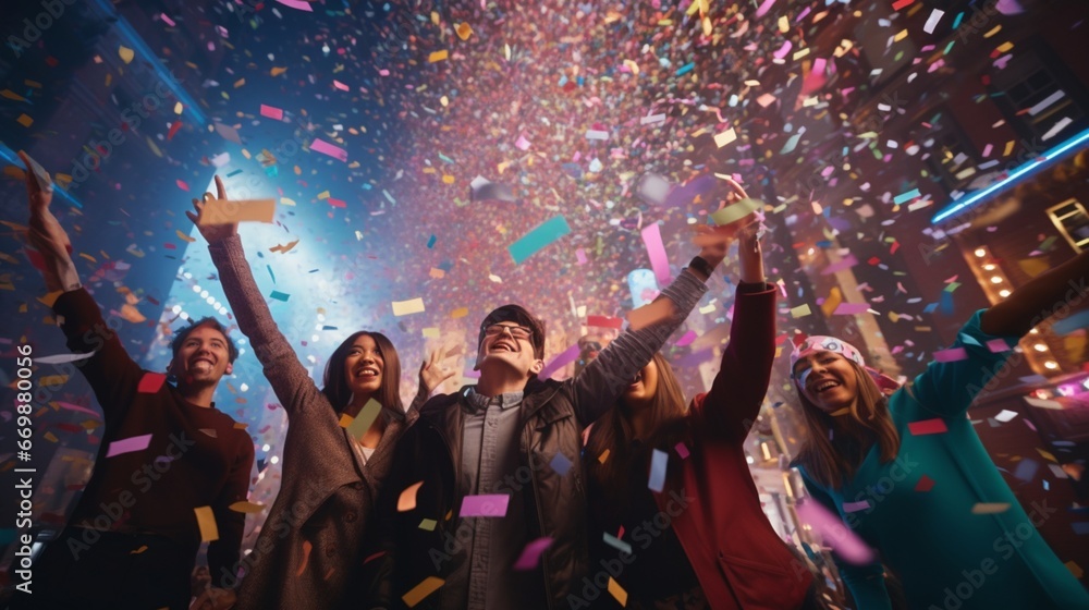 A group of friends setting off colorful confetti cannons to mark the arrival of the New Year.