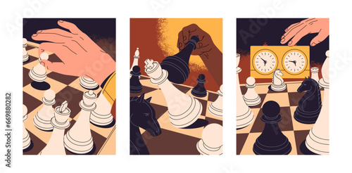 Hand move chessmen- pawns, knight on chessboard set. Checkmate the king. People play intelligence board games with figures. Chess sport tournament. Strategy, tactic concept. Flat vector illustration