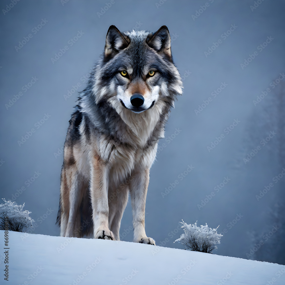 A lone wolf standing proudly on a snow-covered hill. ai generative