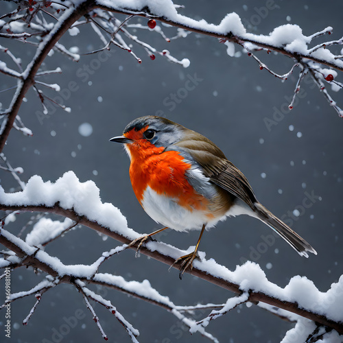 A red-breasted robin perched on a snow-covered branch. ai generative © Big