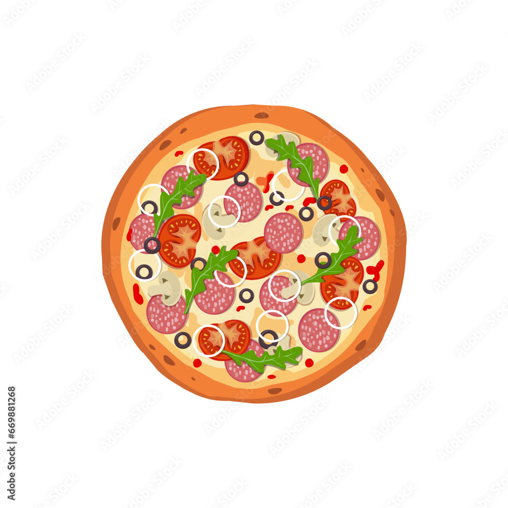 Pizza with salami, sausage, mushrooms,olives.Pizza delivery. Cartoon flat image