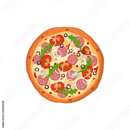 Obraz na płótnie Pizza with salami, sausage, mushrooms,olives.Pizza delivery. Cartoon flat image w salonie
