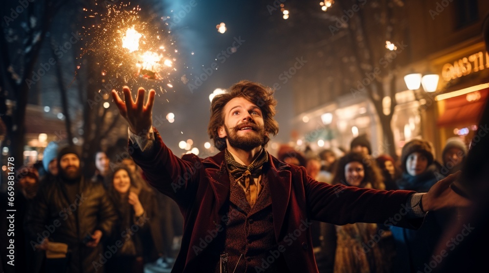 A street magician captivating an crowd with mesmerizing tricks and on New Year's night.