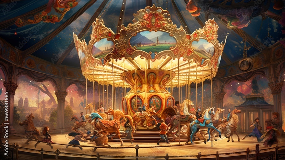 A vibrant carousel spinning joyfully, with children riding on intricately designed animal figures.
