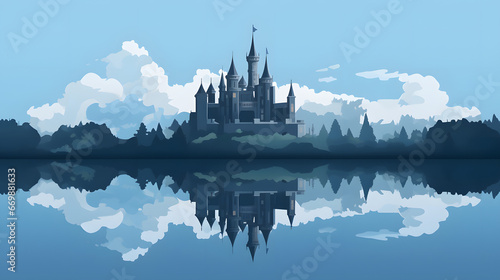 Reflection of a castle in a still lake. Illustrated background. Concept for banner, web background and templates. Aspect-ratio 16:9