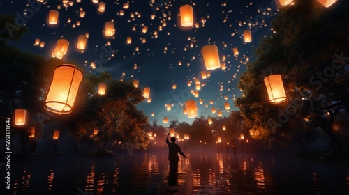 A tranquil park where families release sky lanterns, creating a beautiful spectacle against the night sky.