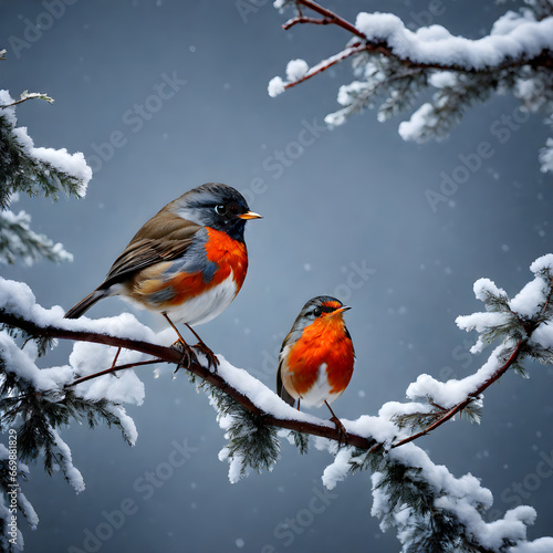 A red-breasted robin perched on a snow-covered branch. ai generative
