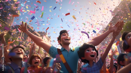Colorful confetti rains down as animated characters cheer for the start of