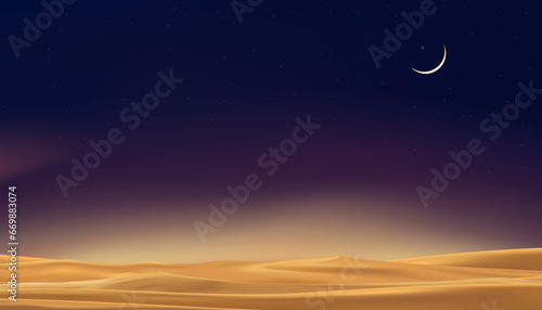 Fototapeta Naklejka Na Ścianę i Meble -  Sky Night with Desert sand with Crescent moon,Strarry with twilight dusk Sk,Ramadan Background,Vector Sunset landscape with mountain, Banner for Eid Mubarak,Eid al adha,Eid al fitr,Islamic Muharram