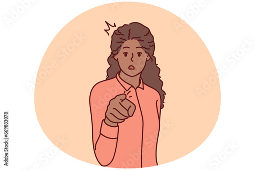 Stunned African American woman point at screen choose you. Amazed black female show at camera with finger making choice. Vector illustration.