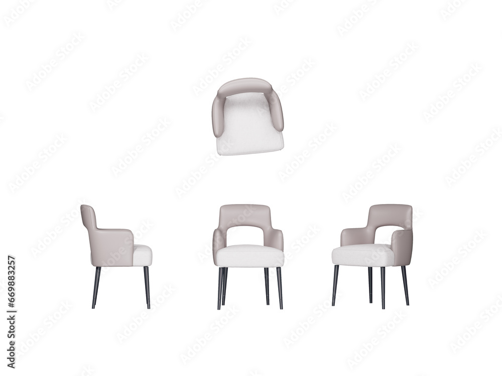 fabric chair with black leg, top view, font view, side view, isolated,perspective, rendering fabric chair with black leg, top view, font view, side view, isolated,perspective, rendering