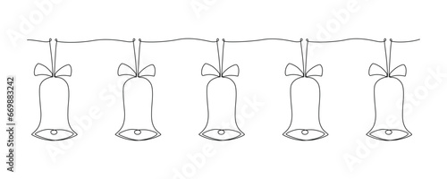 Christmas jingle bells hand draw one single line banner. Vector stock illustration isolated on white background for design template winter greeting card, banner for sale. Editable stroke. 