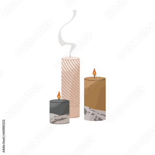 Aroma candles for interior decoration. Aromatic wax with flame, fire. Candlelight in homey decor. Organic handmade design elements with round shape for home. Flat isolated vector illustration on white