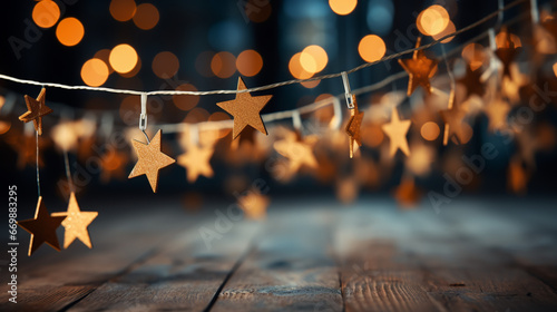 Creative Christmas background with white craft stars hanging photo