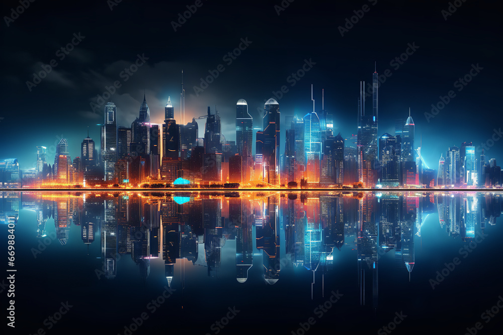 A glowing futuristic city skyline, with innovative buildings and structures, illuminated exclusively by renewable energy technologies
