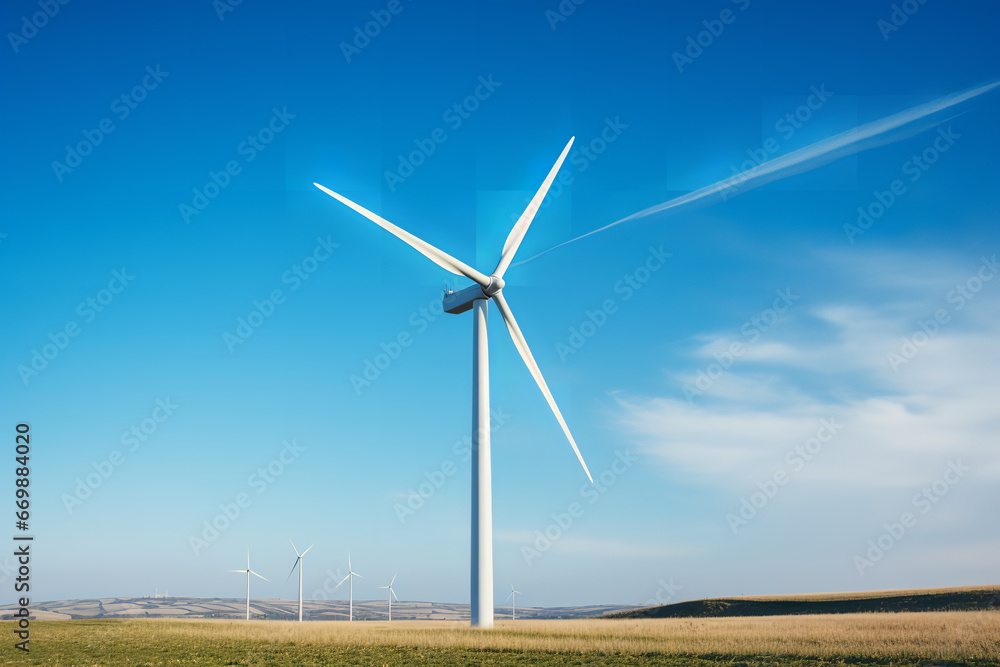 Majestic wind turbine rotates gracefully, capturing wind energy against a backdrop of clear blue skies Majestic wind turbine rotates gracefully, capturing wind energy against a backdrop of clear blue skies