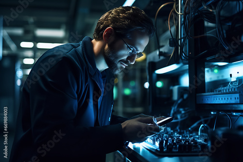 In a state-of-the-art lab, a scientist meticulously examines a battery cell, researching efficient energy storage methods